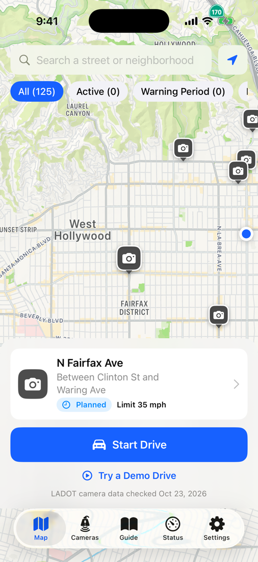 The Speed Alert LA map of Los Angeles speed camera zones on an iPhone
